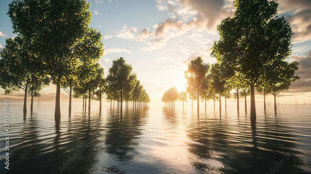 Poster a dreamlike scene of a flooded street surrounded by lush trees under a cinematic light with infinite