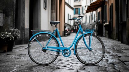 Obraz premium Retro blue bike on old town street. Color against black and white. Vintage style. Florence, Italy