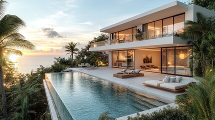 Obraz premium Modern hillside villa with infinity pool at sunset