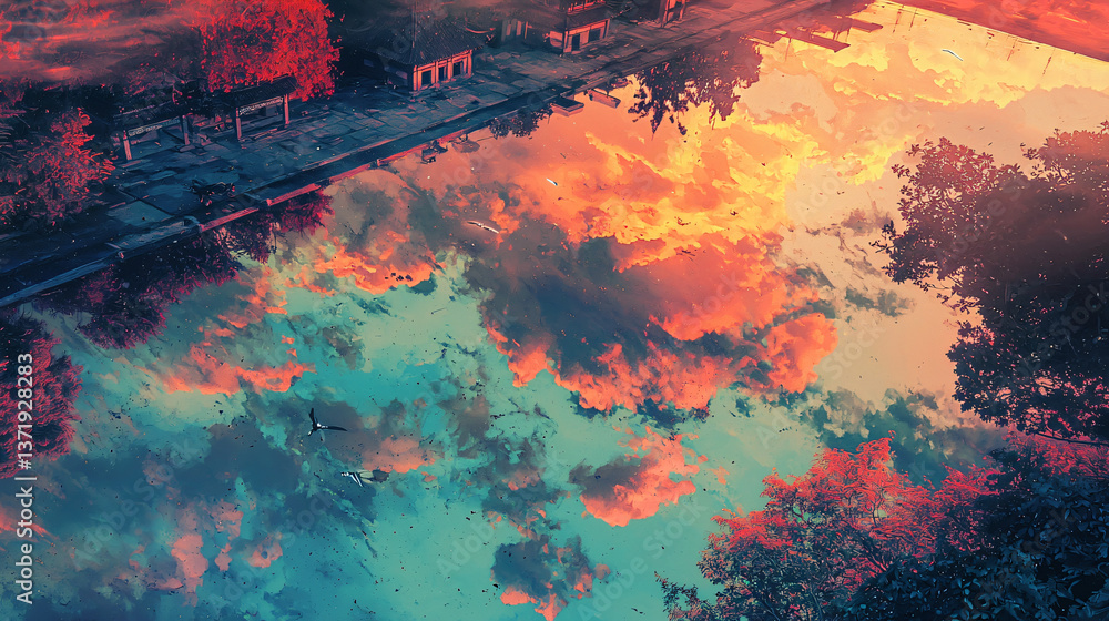 Poster ethereal reflection of a beautiful sky and trees mirrored on a serene surface creating a surreal and