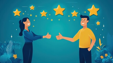 A customer happily shaking hands with a service agent, with thumbs-up icons and glowing stars above them to symbolize satisfaction.