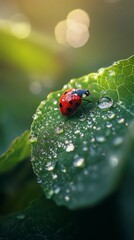 Ladybug on Leaf Surrounded by Dew Drops in Soft Natural Light