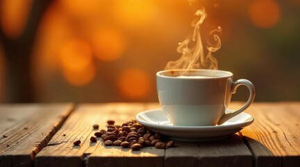 Obraz premium Warm Aromatic Coffee in a White Mug at Sunrise on Wooden Table