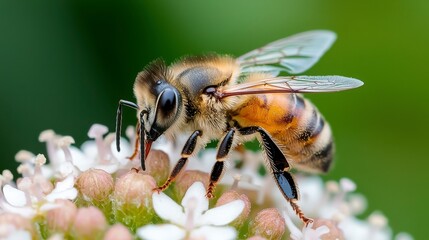 Close-Up of Honey Bee Pollinating White Flower in Nature