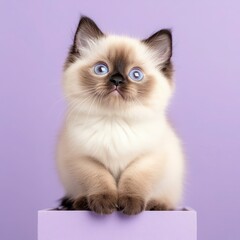 Cute fluffy kitten with blue eyes sitting against purple backdrop