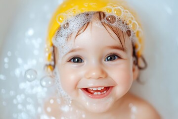 Happy baby taking a bubble bath