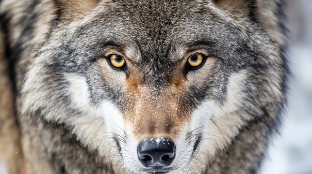 Black and white close up portrait of grey wolf female. Square image. Beautiful and dangerous beast of the forest.