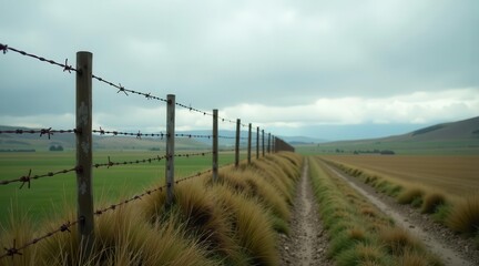 Obraz premium A rustic wooden fence with barbed wire stretches along a dirt road, dividing a vibrant green pasture from a golden field under a cloudy sky