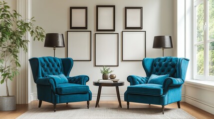 Two teal armchairs flank a table beneath framed art