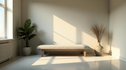 Serene Minimalist Interior Design Featuring a Low Bench, Potted Plant, and Dried Floral Arrangement in a Sunlit Room