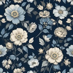 A pattern of elegant, stylized blue and cream flowers with delicate leaves on a deep navy background