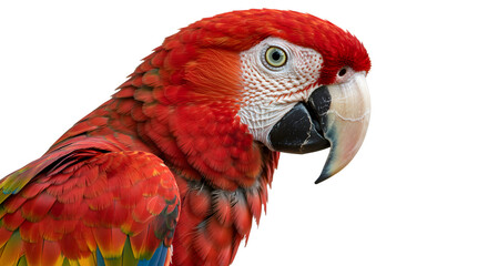 Obraz premium Vibrant Scarlet Macaw Close-Up Portrait with Colorful Plumage and Curved Beak - Photorealistic Bird Photography
