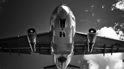 Jet plane taking off with blue sky and white cloud. Black and white greyscale of modern passenger air plane with two turbine engines seen from below after lifting off in Westerland Sylt Germany.