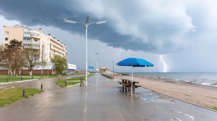 Dramatic Storm Clouds Over Beachside Promenade with Lightning Strikes