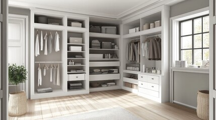 Fototapeta premium A modular white wardrobe system with open shelves and a clean aesthetic.