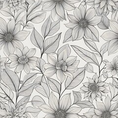 Monochrome floral and leaf line art pattern on a light background,suitable for printing