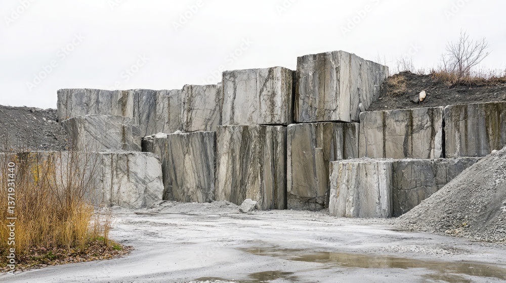 Aufkleber a quarry operation with limestone blocks stacked in an organized manner.