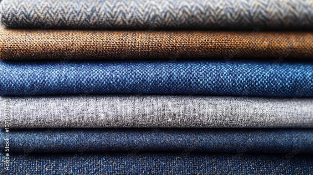 Poster a set of neatly stacked suit jackets with different fabric textures.