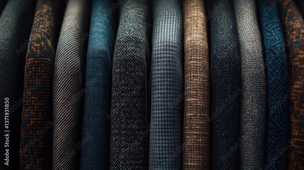 Poster a set of neatly stacked suit jackets with different fabric textures.