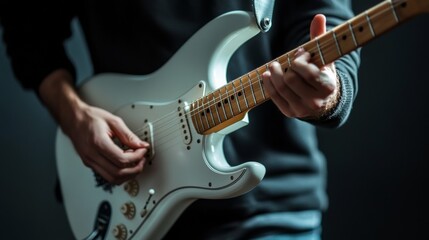 Obraz premium BW male musician posing on white electric guitar, isolated on black. music background