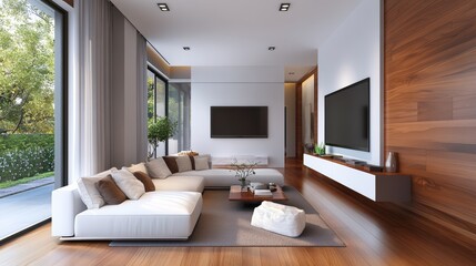 Fototapeta premium Interior of modern living room with white and brown walls, wooden floor, white sofas and tv on the wall