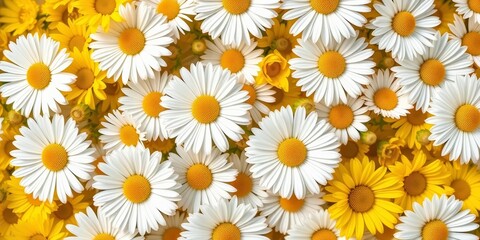 Fototapeta premium White chamomile daisies in a vibrant yellow floral flat lay pattern, top view, bloom, petals