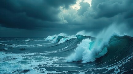 Naklejka premium Ocean Waves Crashing Under a Dramatic, Dark Sky, a Powerful Display of Nature's Untamed Energy