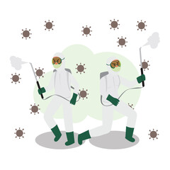 Protective workers disinfecting area