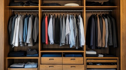 A smart wardrobe design with pull-out drawers and concealed storage.
