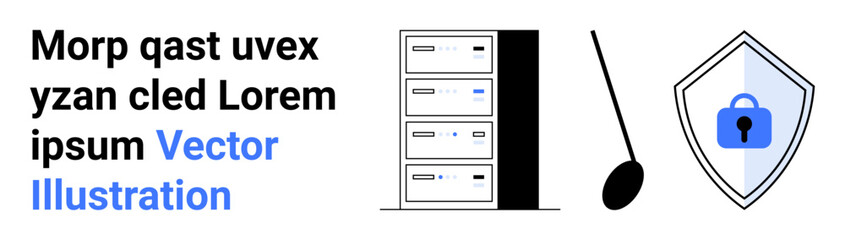Server rack emphasizes data storage, lock on shield highlights security, circular line denotes connectivity. Ideal for cybersecurity, data storage, IT solutions, data protection, networking, digital