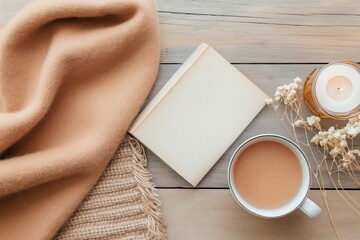Flat lay with open book, tea, candle and warm fabrics on wooden surface, calm cozy setup for mindful reading, calm tones with dried flowers and neutral textures.