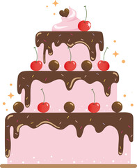illustration of chocolate cake with cherry, Happy birthday cake for greeting day concept.