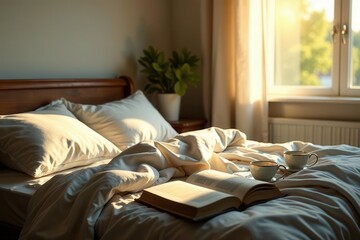 Peaceful Morning Sunlight Illuminates a Serene Bedroom Scene with an Open Book and Two Cups of Coffee on the Bed