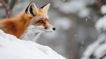 Fototapeta premium A curious red fox standing on a snowy hill, gazing into the distance.