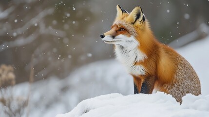 Fototapeta premium A curious red fox standing on a snowy hill, gazing into the distance.
