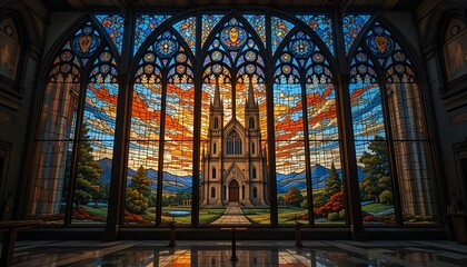 Fototapeta premium Mystical Glow of Gothic Stained Glass: An Intricate, Backlit Cathedral Window Capturing Futuristic and Traditional Art Styles.