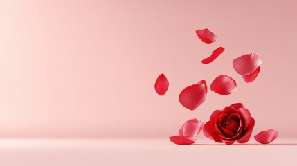 Fototapeta premium Romantic Red Rose Petals Scattered on Soft Pink Backdrop for Valentine s Day or Wedding