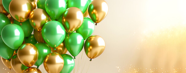 Green and gold balloons with golden background, Dark green and golden helium balloons against shiny gold textured background