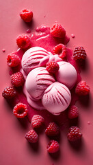 Raspberry and raspberry ice cream scoop on a vibrant red background, Fresh raspberries with a delicious raspberry ice cream scoop against a red backdrop