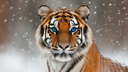 Obraz premium Beautiful wild siberian tiger portrait on snow with blue eye
