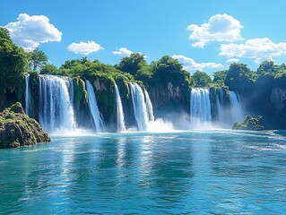 Fototapeta premium Majestic Waterfall with Sunny Landscape.