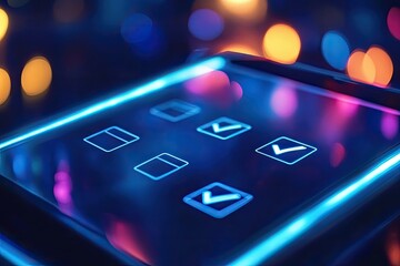 Neon Checklist Glowing Blue Tick Marks on Dark Surface, Task Completed, Done Icon