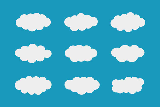Flat Cartoon Cloud Icons Set on Blue Background. Minimalist White Cloud Collection. Vector Illustration