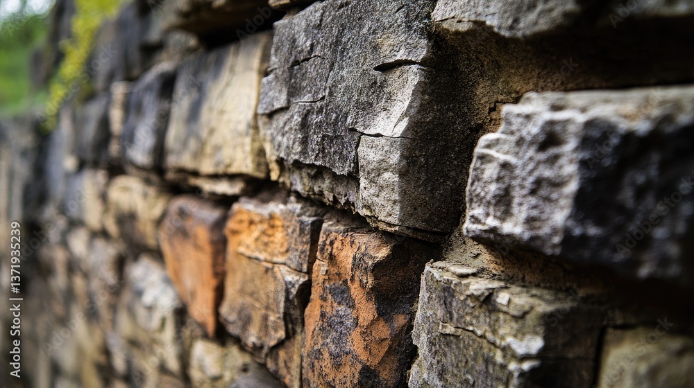 Aufkleber close-up view of textured stone wall with unique rock patterns and earthy tones for architectural de