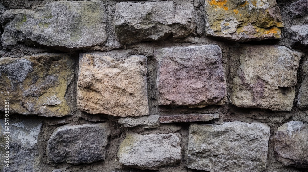 Poster close-up view of rustic stone wall with natural texture and varied hues for architectural or design 