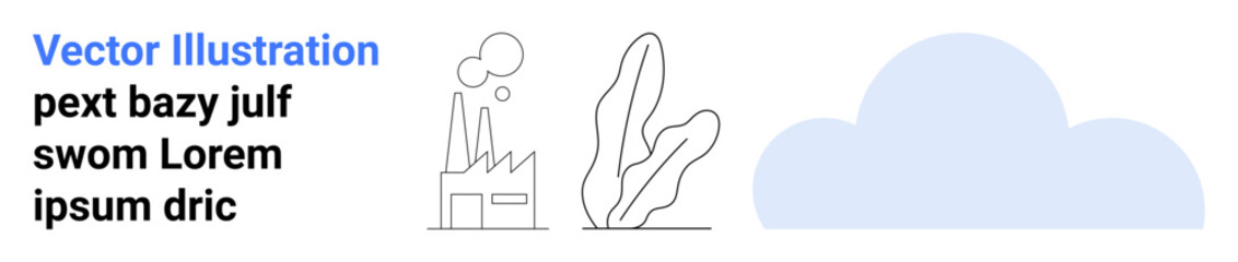 Factory releasing smoke near abstract plants and a minimal cloud. Ideal for pollution, sustainability, climate change, industrial impact, eco awareness, environmental science, simple landing page