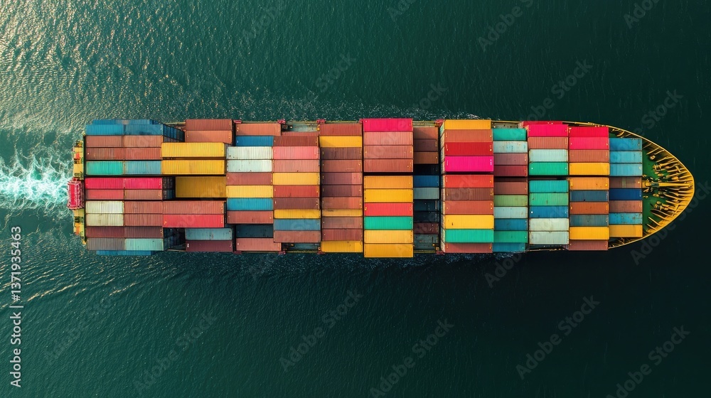 Poster a container ship loaded with multicolored cargo containers sailing through the ocean.