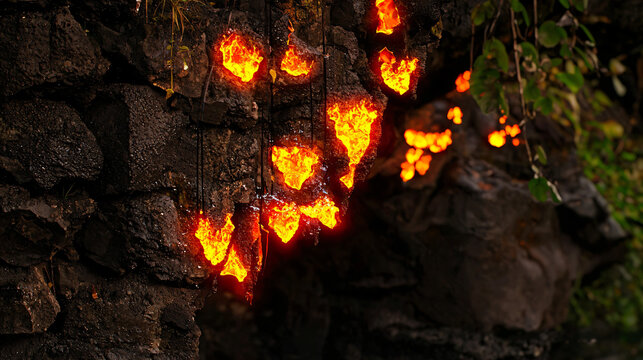 Surreal scene of a fire burning in a cave with melting landscapes and dramatic contrasts evoking an ethereal dreamlike quality.
