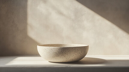 Artistic composition featuring a handcrafted stoneware bowl, light beige speckled finish, casting a clean elliptical shadow on a stucco surface
