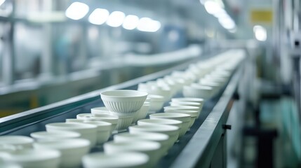 Obraz premium A long conveyor belt moving freshly molded ceramic items through a drying process.